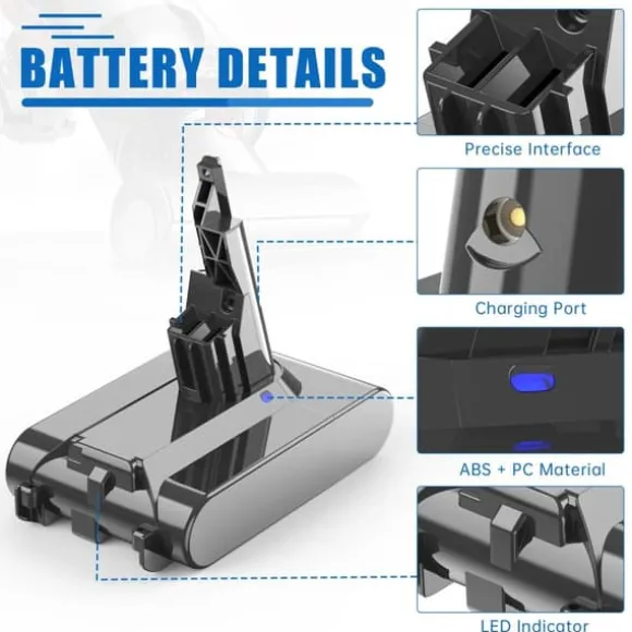 Dyson V7 (SV11) ersättningsbatteri, ljusgrått, 6000 mAh 6.0 Ah, för Motorhead, Animal Pro, Trigger sladdlös dammsugare