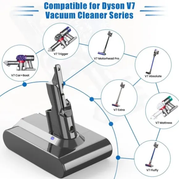 Dyson V7 (SV11) ersättningsbatteri, ljusgrått, 6000 mAh 6.0 Ah, för Motorhead, Animal Pro, Trigger sladdlös dammsugare