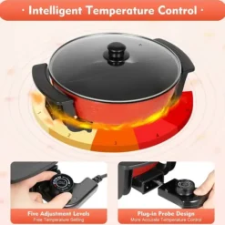 Elektrisk hotpot & fonduegryta - Dubbelsidig separerbar - 1360 W - 6 L - Ø 31 cm - 5-stegs temperaturkontroll - 220 V - Med lock - Svart