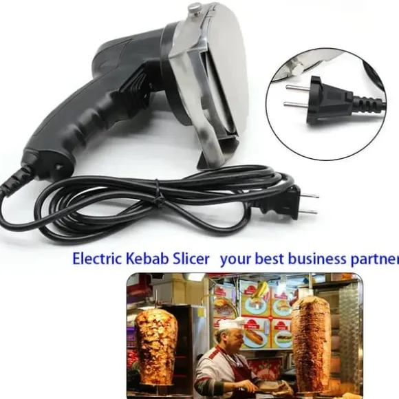 Elektrisk kebabskärare - Handhållen gyroskniv - 80 W Effekt - Justerbar skärtjocklek - Rostfritt stålblad - Bladslipare - Röd