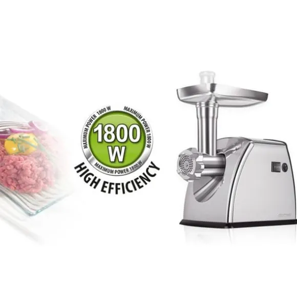 Elektrisk köttkvarn i rostfritt stål, med korvstopparutrustning MPM MMM-07M 1800W Silver 01054