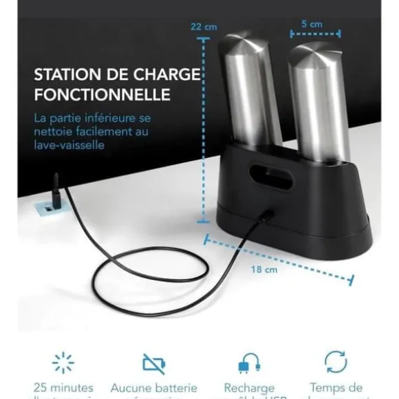 Elektrisk salt- och pepparkvarn med uppladdning - LEBENLANG - Rostfritt stål - LED - USB-C - 2 stycken