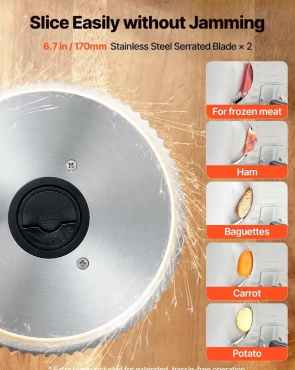 Elektrisk skärmaskin - Påläggsmaskin - Bladdiameter 170 mm - Effekt 150 W - Justerbar skivtjocklek 0–15 mm - För fryst kött och bröd