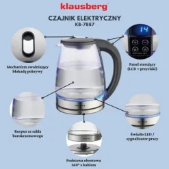 Elektrisk vattenkokare med temperaturkontroll, glas, 1,8L, KLAUSBERG KB-7887