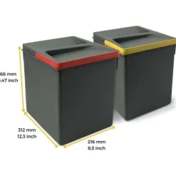 Emuca Recycling Bin Recycling Kit för kökslådor Återvinningshöjd 266 mm, 2x15 liter, antracitgrå plast