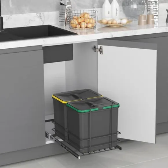 Emuca Återvinningsbehållare Recycle för kök, 2 x 16 L, fastsättning från botten och manuell uttagning, Grå antracitplast