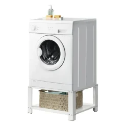 [en.casa]® Tvättmaskinsstativ-Förhöjningssockel-med hylla-63x54x31cm-pulverlackerat stål-vit-max. belastning:150 kg