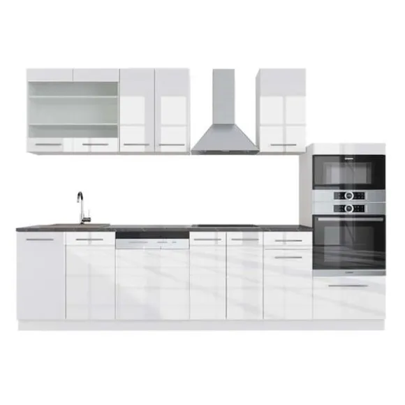 Fame-Line kök, 300 cm med högskåp, PT Antracit, blank vit/vit, Vicco