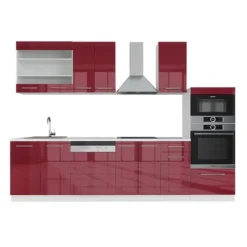 Fame-Line kök, 300 cm med högskåp, PT Marble, Bordeaux högglans/vit, Vicco