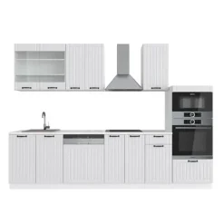 Fame-Line kök, 300 cm med högskåp, PT Marble, Country vit/vit, Vicco