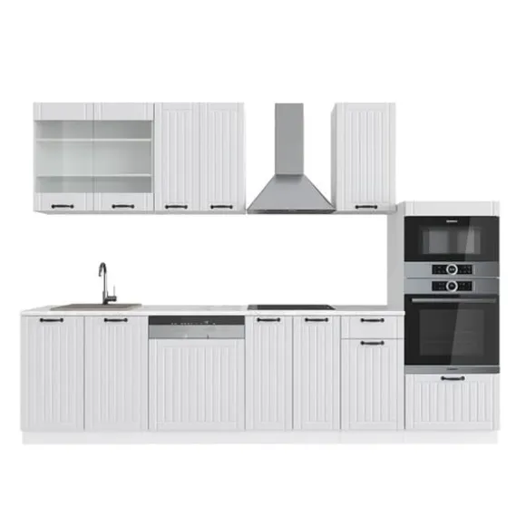 Fame-Line kök, 300 cm med högskåp, PT Marble, Country vit/vit, Vicco