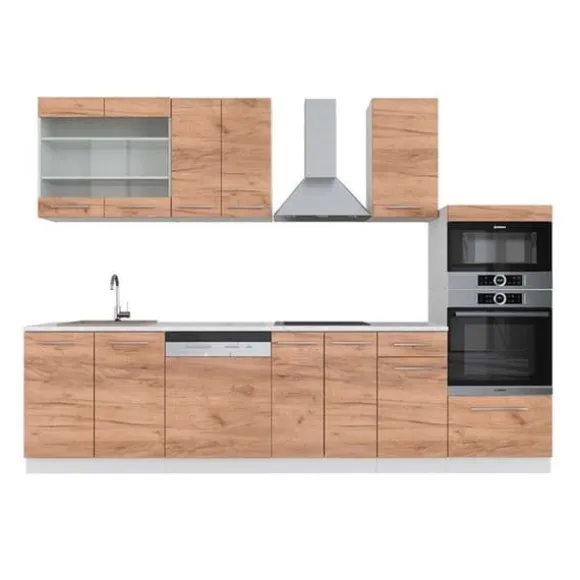 Fame-Line kök, 300 cm med högskåp, PT Marble, Guld/vit ek, Vicco