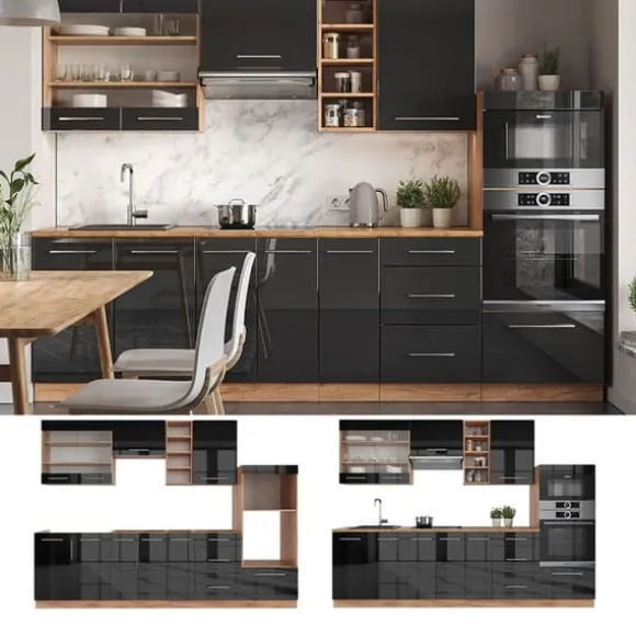 Fame-Line kök, 280 cm, PT Antracit, Blank antracit/Gyllene ek, Vicco