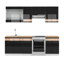 Fame-Line kök, 240 cm, PT Ek, Blank svart ek/guld ek, Vicco