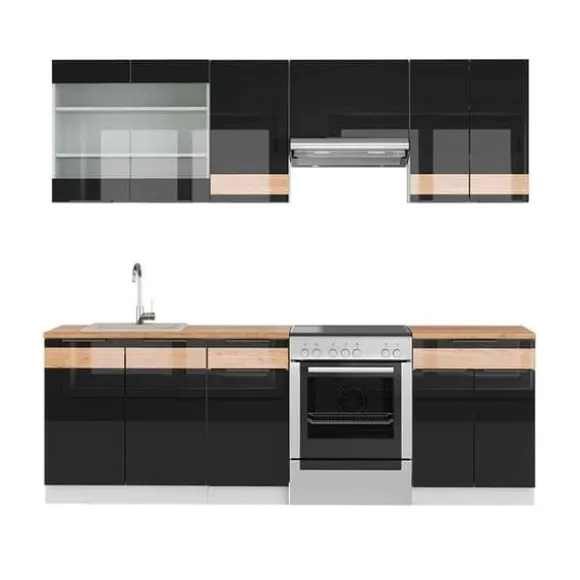 Fame-Line kök, 240 cm, PT Ek, Blank svart ek/guld ek, Vicco