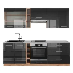 Fame-Line kök, 235 cm, PT Marble, Blank antracit/Gyllene ek, Vicco