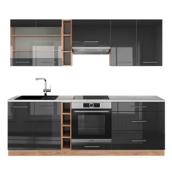 Fame-Line kök, 235 cm, PT Marble, Blank antracit/Gyllene ek, Vicco