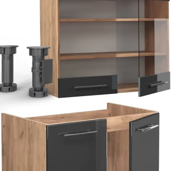 Fame-Line kök, 235 cm, PT Marble, Blank antracit/Gyllene ek, Vicco