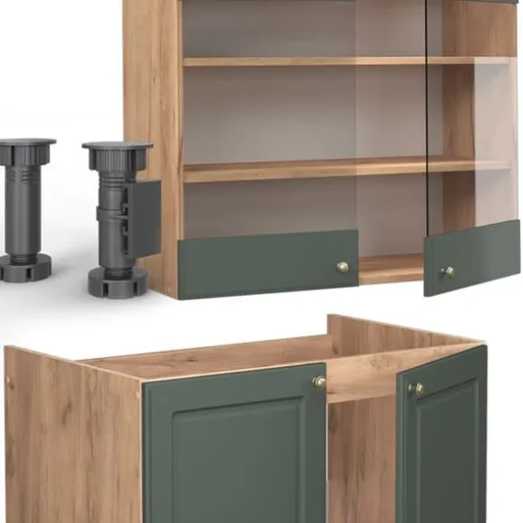 Fame-Line kök, 240 cm, PT Marble, Grön ek och guld/guld ek, Vicco