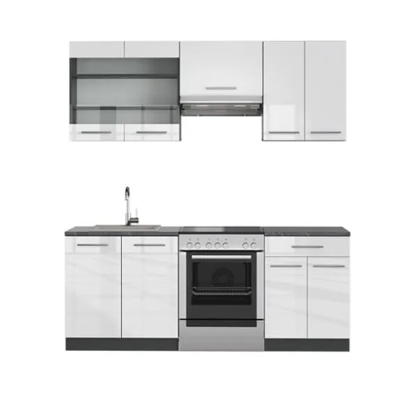 Fame-Line kök, 200 cm utan bänkskiva, blank vit/Antracit, Vicco