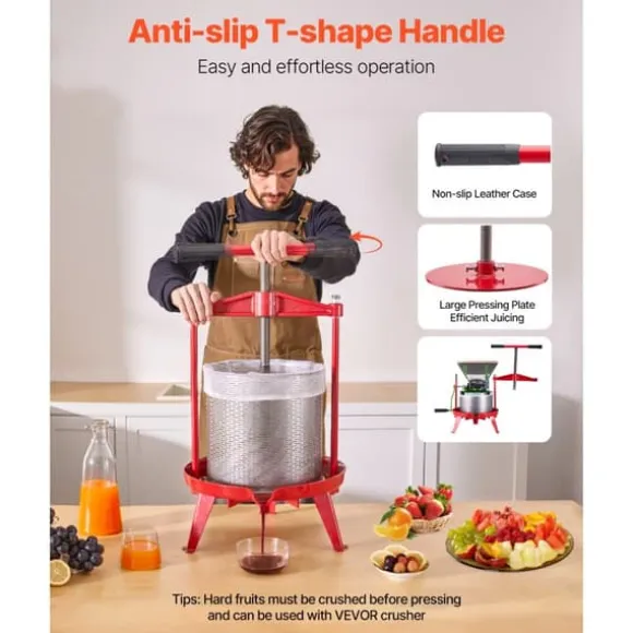 Frukt Vinpress Manuell, Vinframställningspress 3,69 Gal/14L, Rostfritt Stål