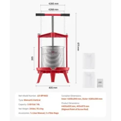Frukt Vinpress Manuell, Vinframställningspress 3,69 Gal/14L, Rostfritt Stål