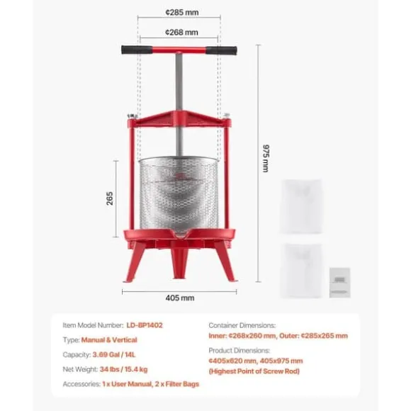 Frukt Vinpress Manuell, Vinframställningspress 3,69 Gal/14L, Rostfritt Stål