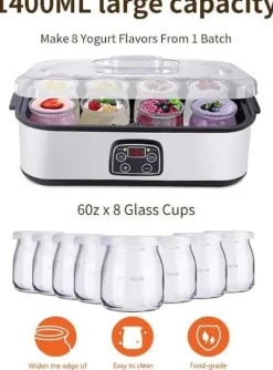 Fuleadture Elektrisk Yoghurtmaskin, LCD Display, Timer & Temperaturinställning, 8 Glas à 1400 ml, 25 W