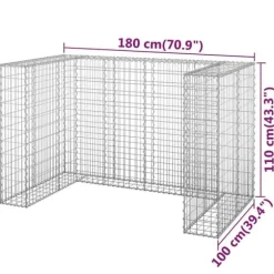 Gabionmur för soptunnor - Stabil stenkorg i galvaniserat stål | Storlek: 180x100x110 cm