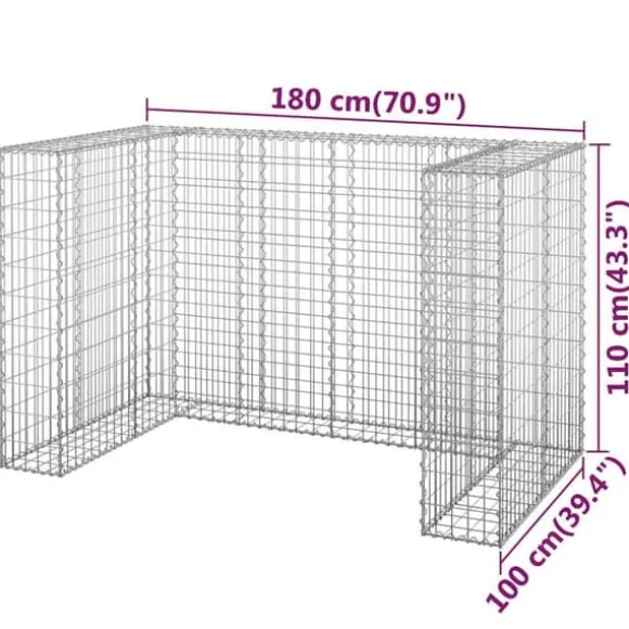 Gabionmur för soptunnor - Stabil stenkorg i galvaniserat stål | Storlek: 180x100x110 cm