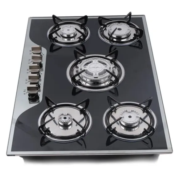 Gashäll - Inbyggnad/Bänkskiva - 5 Brännare - Härdat Glas - Gjutjärnsgaller - Elektronisk Tändning - Gasol/Naturgas
