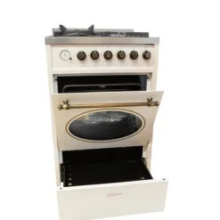 Gaskök med elektrisk ugn 60 cm med 60 cm köksfläkt med metalliska element, Elfenben, 910 m³/h E 614 Cr r+A 6423 ElfBE ECO