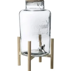 Glasdryckfontän med bambuställning - 8L - Transparent/beige - H 46,5 x D 21 cm
