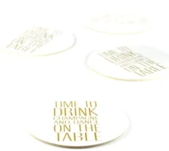 Glasunderlägg 4-pack "Time to drink" vit med gulfärgad text