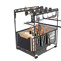 Glidande Skåp Korgställ, Kolfiberstål, 37,4*28,2*44 cm, 2-Lagers Design, Högtemperatur Finish, Halkfri Fotplatta