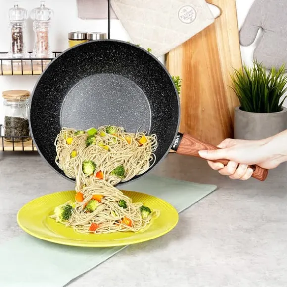 Granitwok djup stekpanna för wokning och stuvning asiatiska rätter 28 cm
