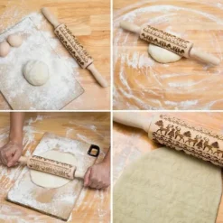 Graverad kavel med jultema och trästruktur för pepparkakor