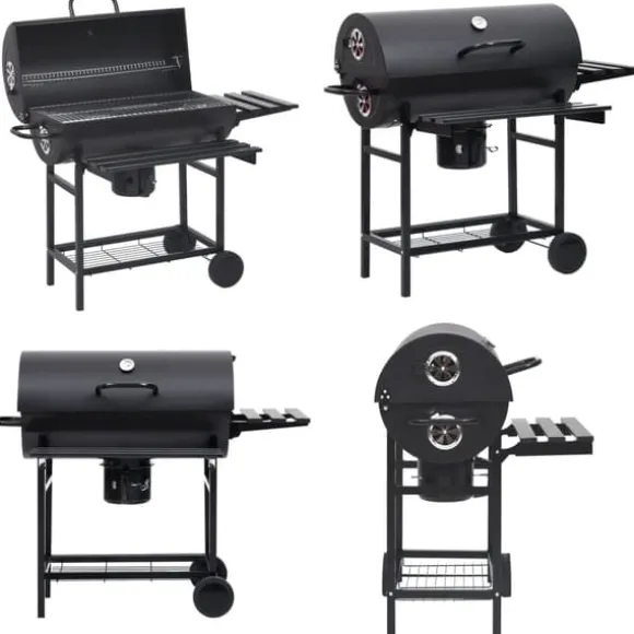Grilltunna med hjul och bord svart stål 115x85x95 cm - Kolgrill - Kolgrillar - Home & Living
