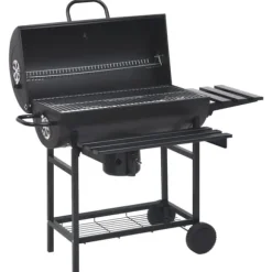 Grilltunna med hjul och bord svart stål 115x85x95 cm - Kolgrill - Kolgrillar - Home & Living