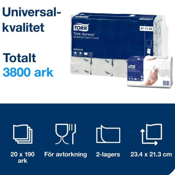Handduk TORK Uni H2 2-lag vit 3800/fp