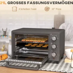 HOMCOM Miniugn 21L 1400W Justerbar Temperatur 100-230°C och Tid 60 min med Bakplåt och Galler i Rostfritt Stål, Grå