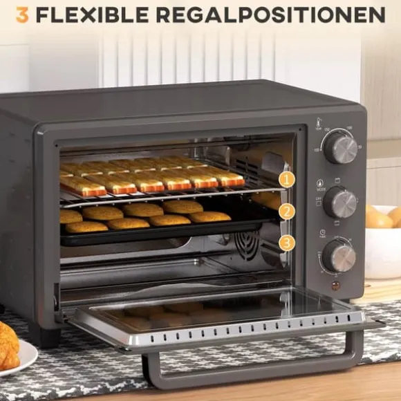 HOMCOM Miniugn 21L 1400W Justerbar Temperatur 100-230°C och Tid 60 min med Bakplåt och Galler i Rostfritt Stål, Grå