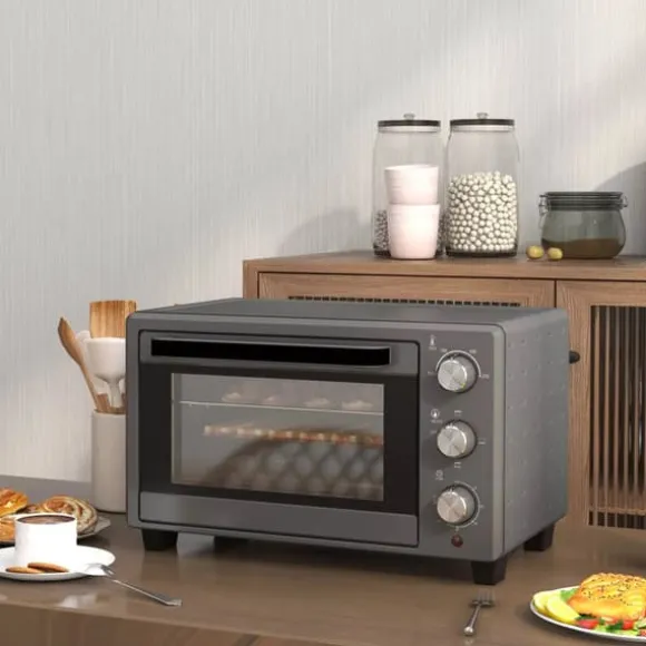 HOMCOM Miniugn 21L 1400W Justerbar Temperatur 100-230°C och Tid 60 min med Bakplåt och Galler i Rostfritt Stål, Grå