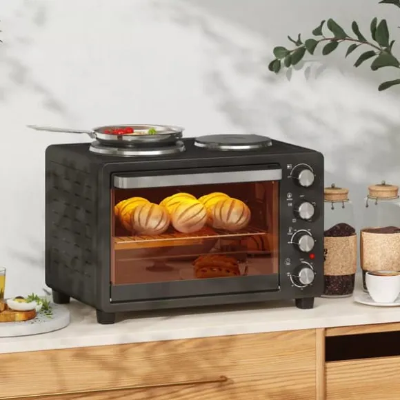 HOMCOM Miniugn med 2 Värmeplattor, 28L, 2600W, Svart Rostfritt Stål