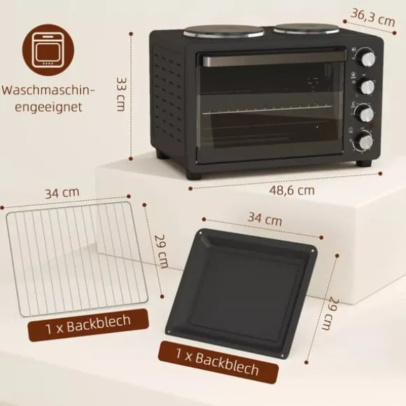 HOMCOM Miniugn med 2 Värmeplattor, 28L, 2600W, Svart Rostfritt Stål
