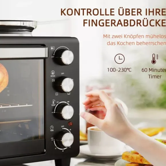 HOMCOM Miniugn med 2 Värmeplattor, 28L, 2600W, Svart Rostfritt Stål