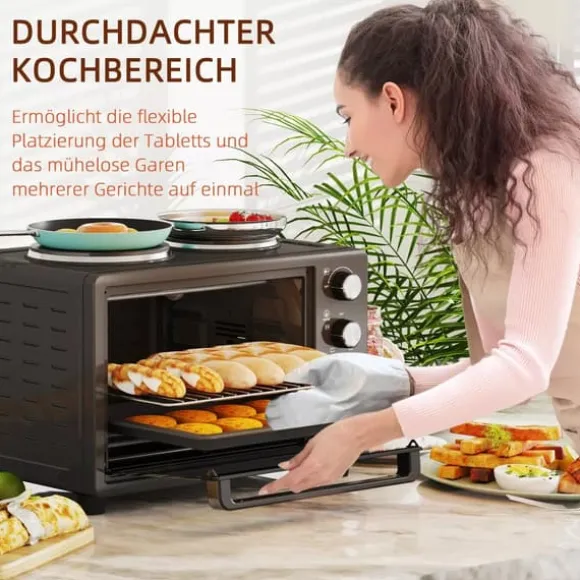 HOMCOM Miniugn med 2 Värmeplattor, 28L, 2600W, Svart Rostfritt Stål