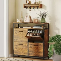HOMCOM Skoställ med 4 hopfällbara lådor, smal design, öppen hylla, för 12-20 par skor, stål, brun