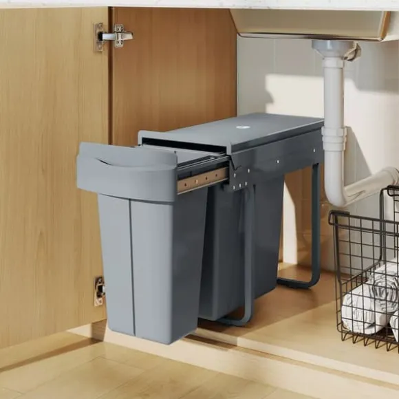 HOMCOM Utdragbar Sopkorg för Underskåp, Köksbehållare med 2 Hinkar (20L+10L), Metall/Plast, Grå