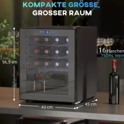 HOMCOM Vinkyl 16 flaskor – Svart Metall – Pekskärm med LED-ljus och Glasdörr